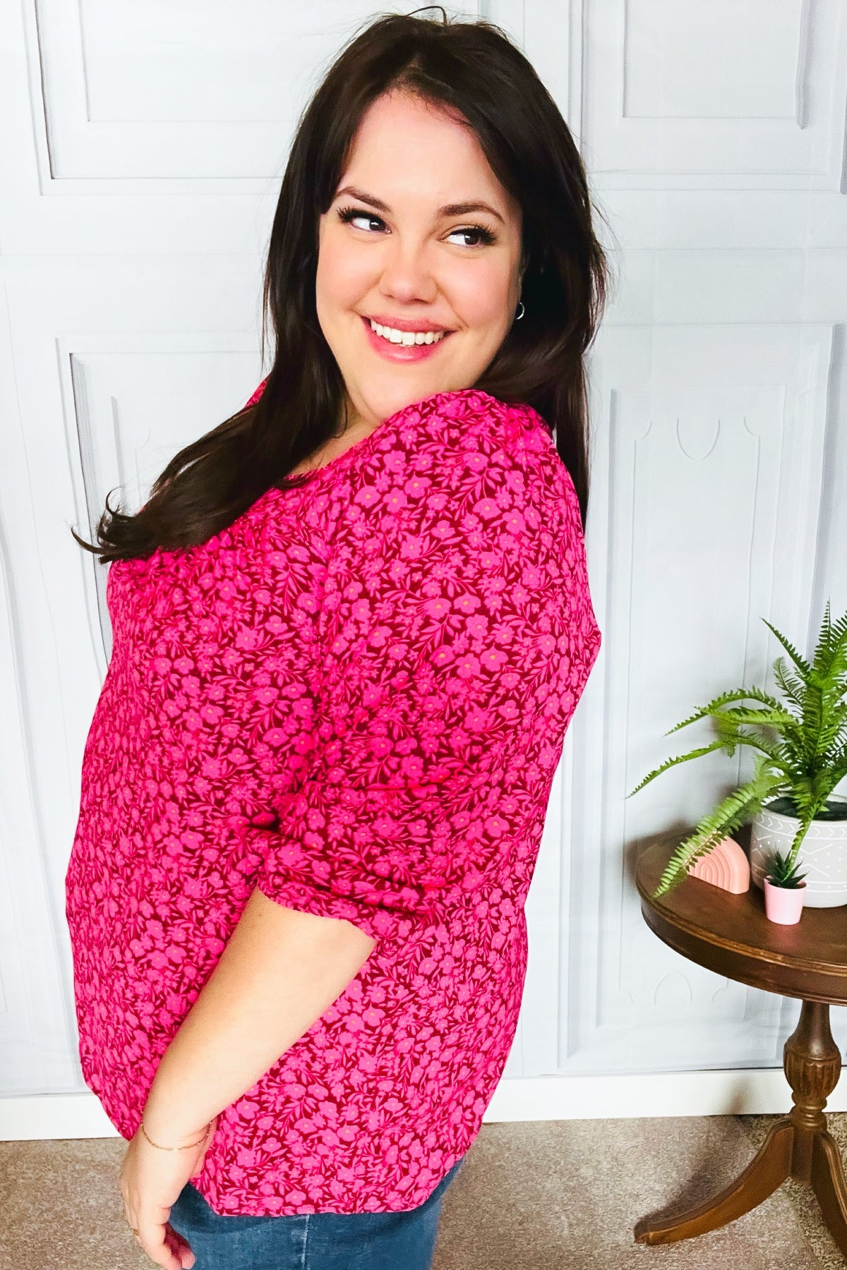 Perfectly You Fuchsia Floral Three Quarter Sleeve Square Neck Top