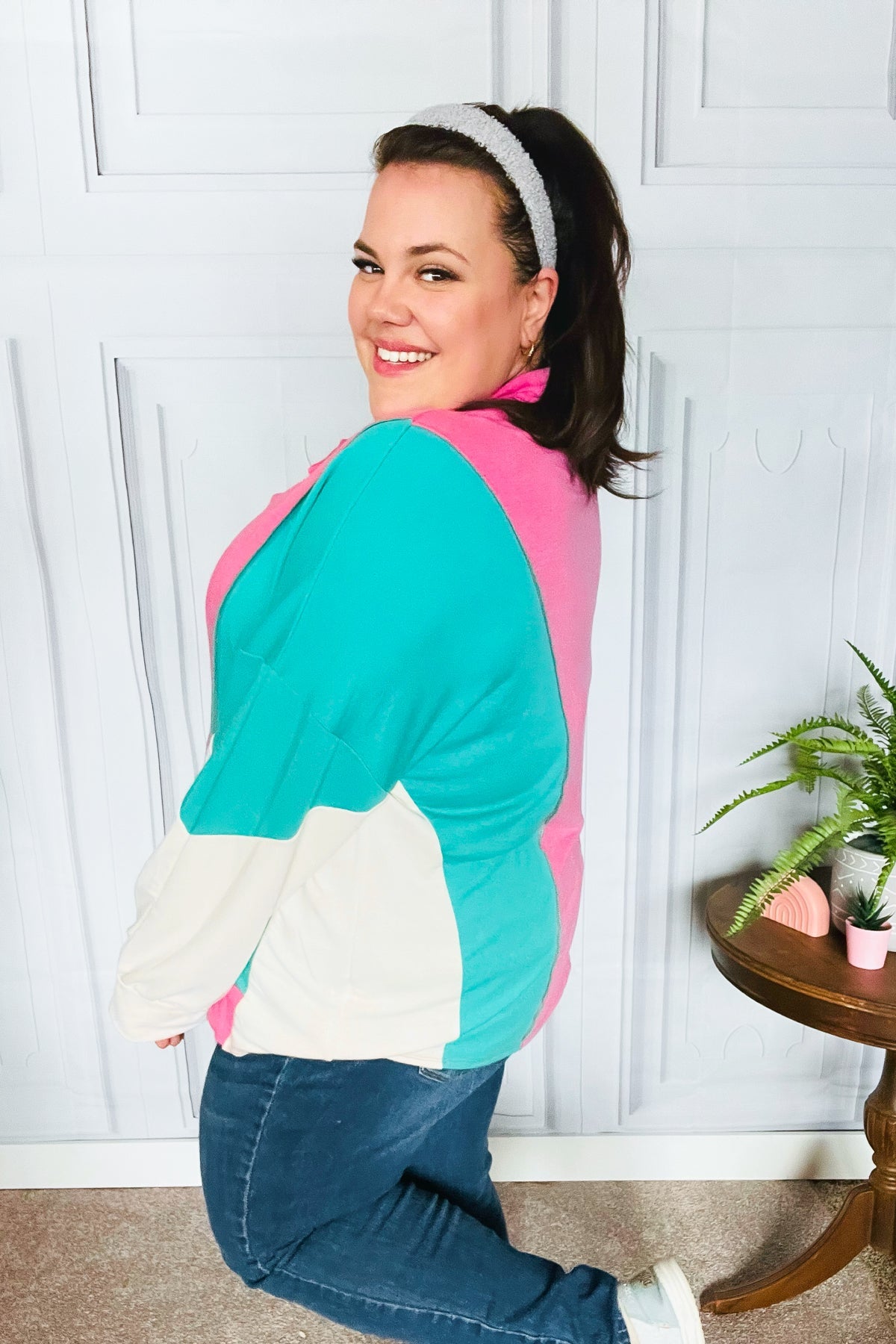 Stand Out Hot Pink & Mint V Neck Collared Terry Color Block Top