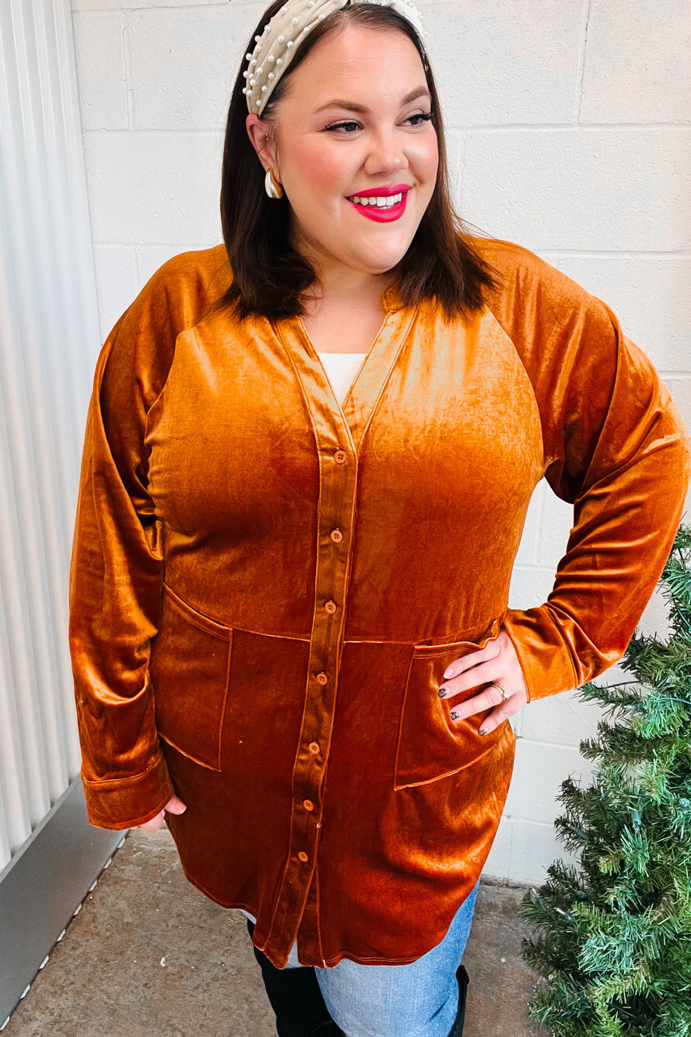 Dazzling Rust Velvet Button Down Tunic Top