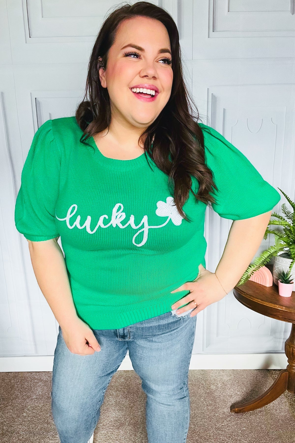 Lucky Lady Shamrock Green Sequin Puff Sleeve Knit Top