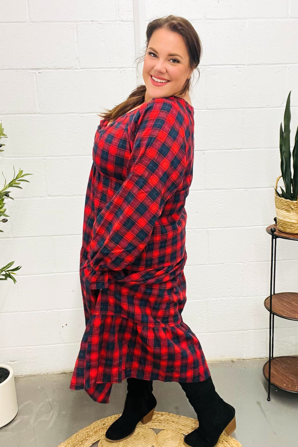 All I Want Red Plaid Elastic V Neck Tiered Maxi Dress