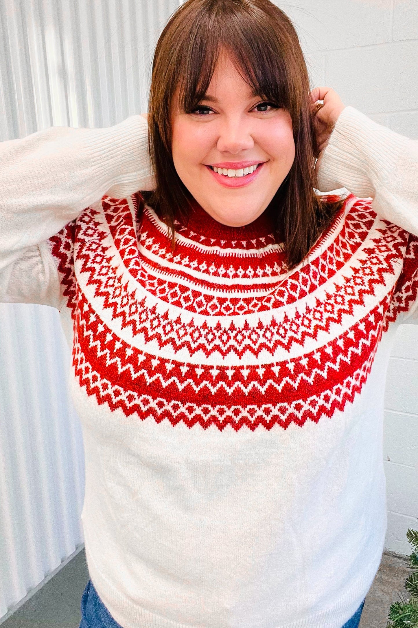 Feeling Festive Ivory & Red Fair Isle Mock Neck Sweater