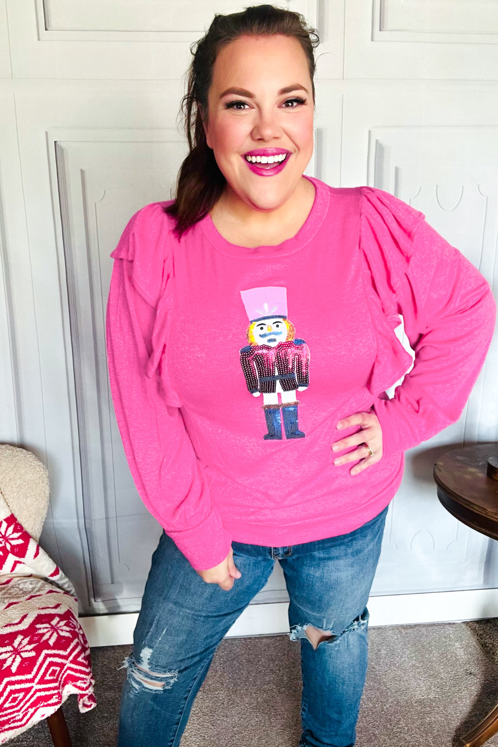 Holiday Hot Pink Sequin Nutcracker Ruffle Hacci Sweater