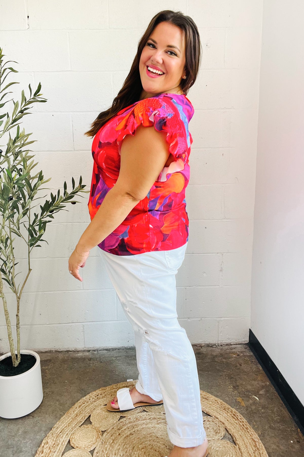 Look of Love Red & Fuchsia Floral Smocked Ruffle Frill Sleeve Top