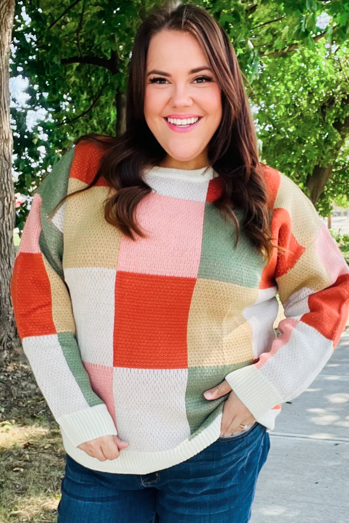 Be Bold Ivory & Rust Checker Jacquard Knit Sweater