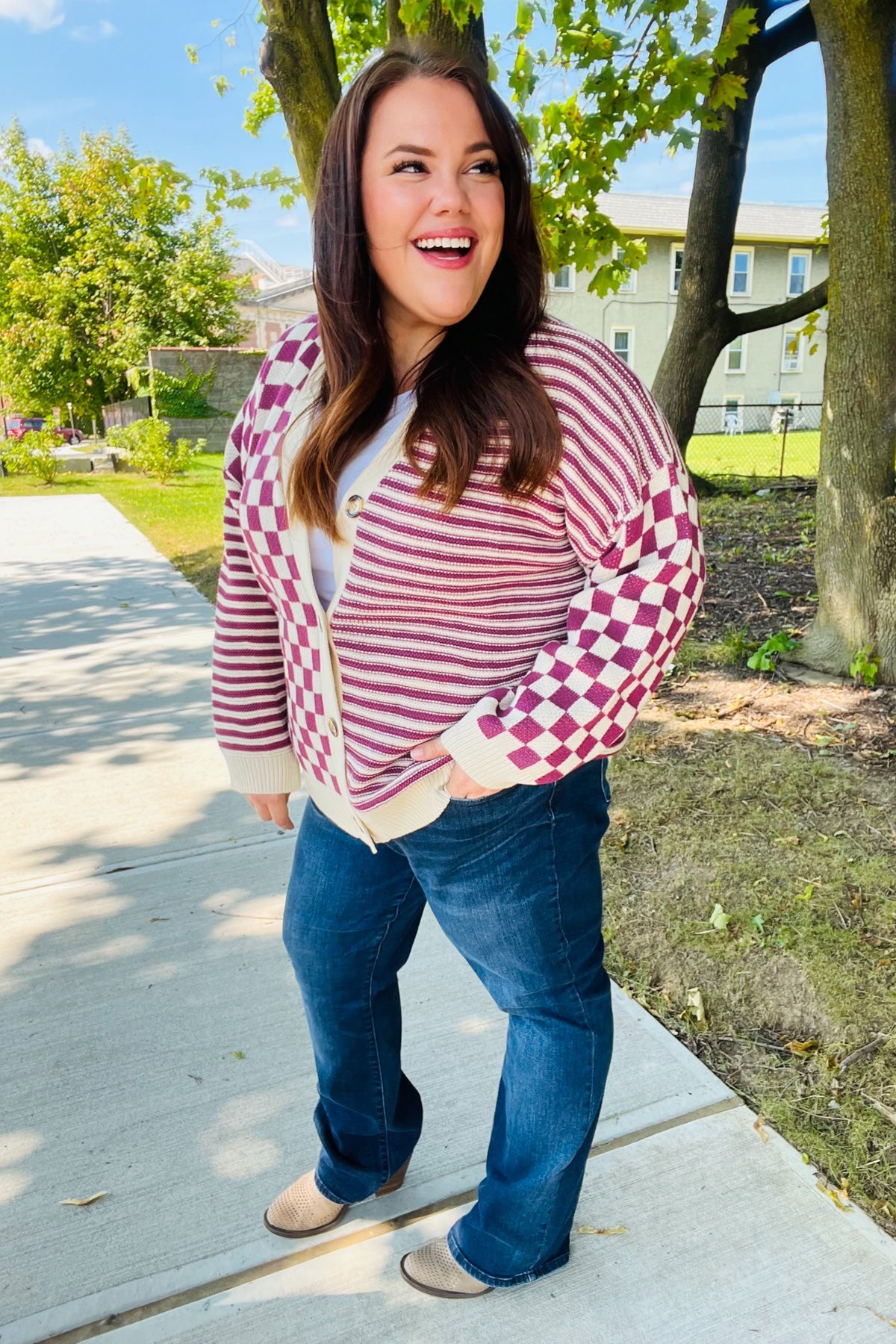 Cozy Days Magenta Checkered & Striped Button-Down Cardigan