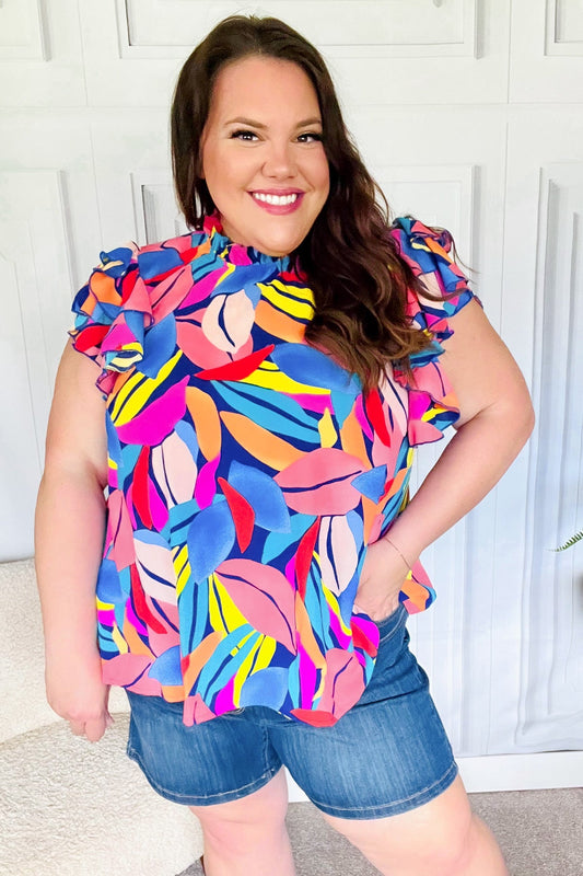 Tropical Vibes Blue & Pink Mock Neck Flutter Sleeve Top