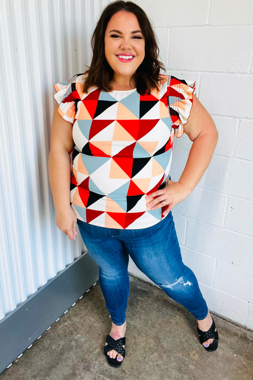 Burnt Orange Geo Print Smocked Ruffle Frill Sleeve Top