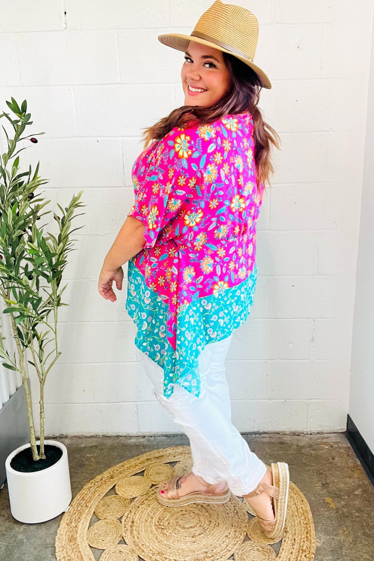 Vacay Ready Fuchsia Paisley Floral Dolman Sleeve Shark Bite Top