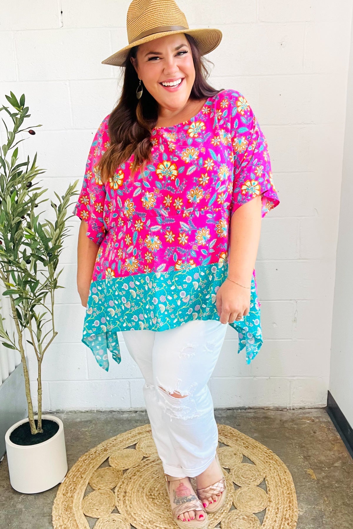 Vacay Ready Fuchsia Paisley Floral Dolman Sleeve Shark Bite Top