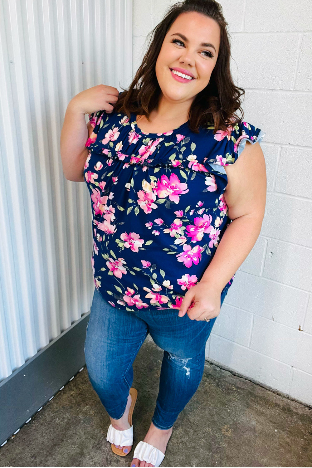 Navy & Pink Floral Print Frilled Short Sleeve Yoke Top