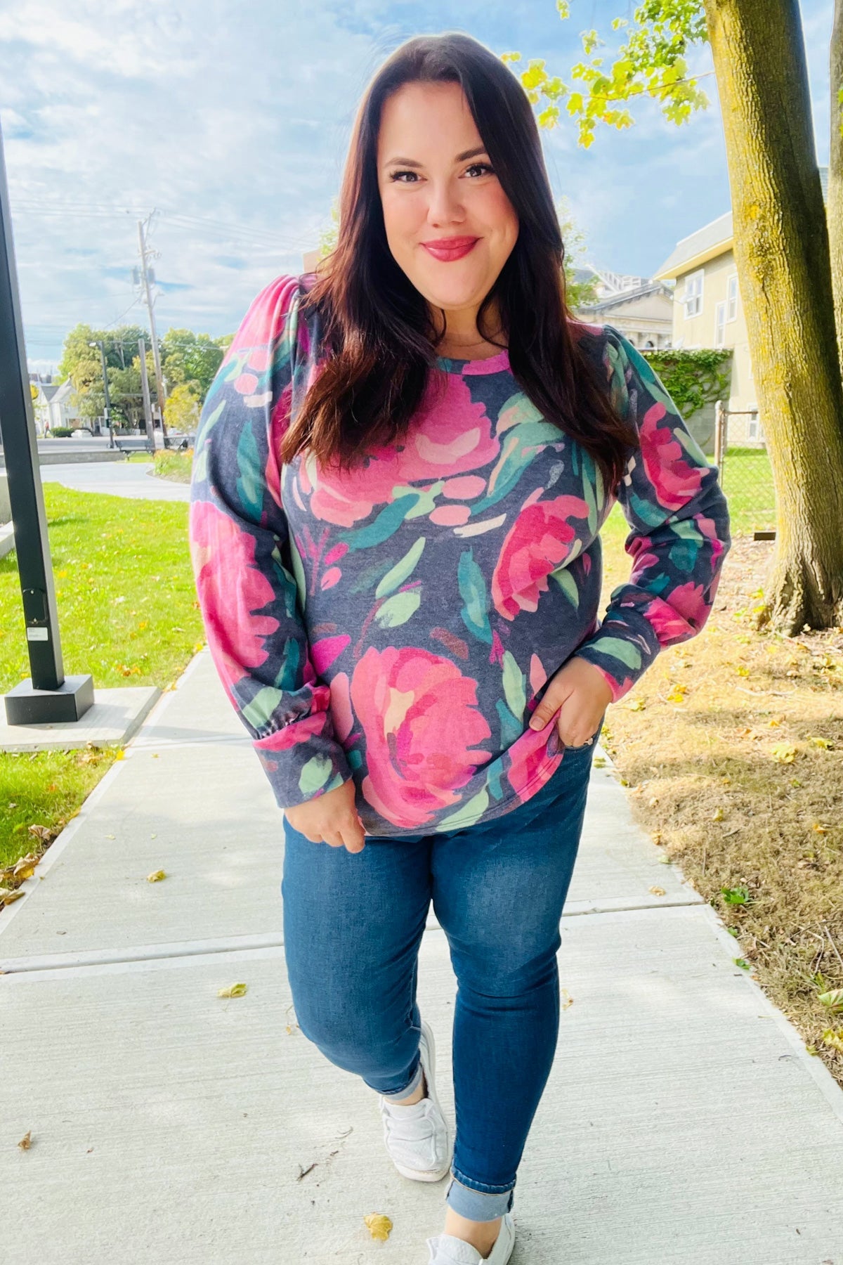 On My Heart Navy Floral Brushed Hacci Sweater Top