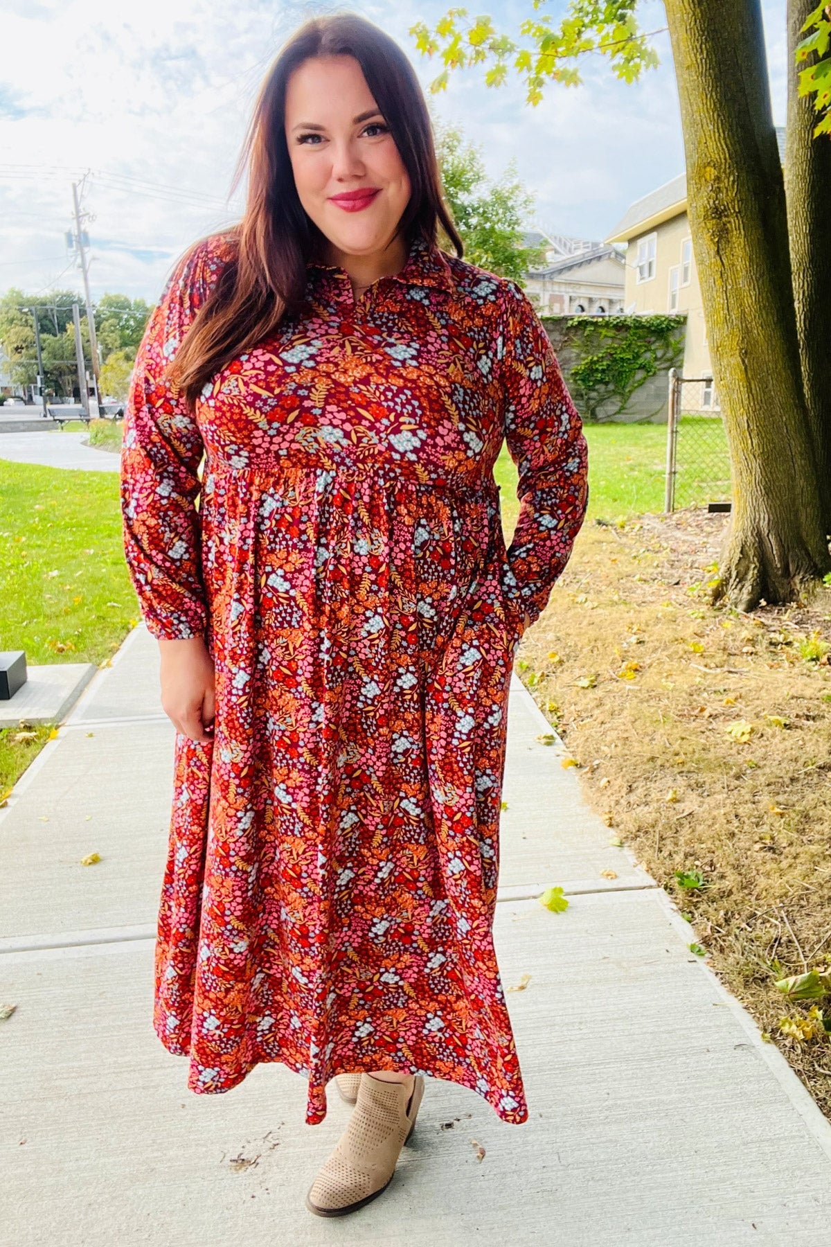 Casual Living Burgundy Floral Collared Fit & Flare Maxi Dress