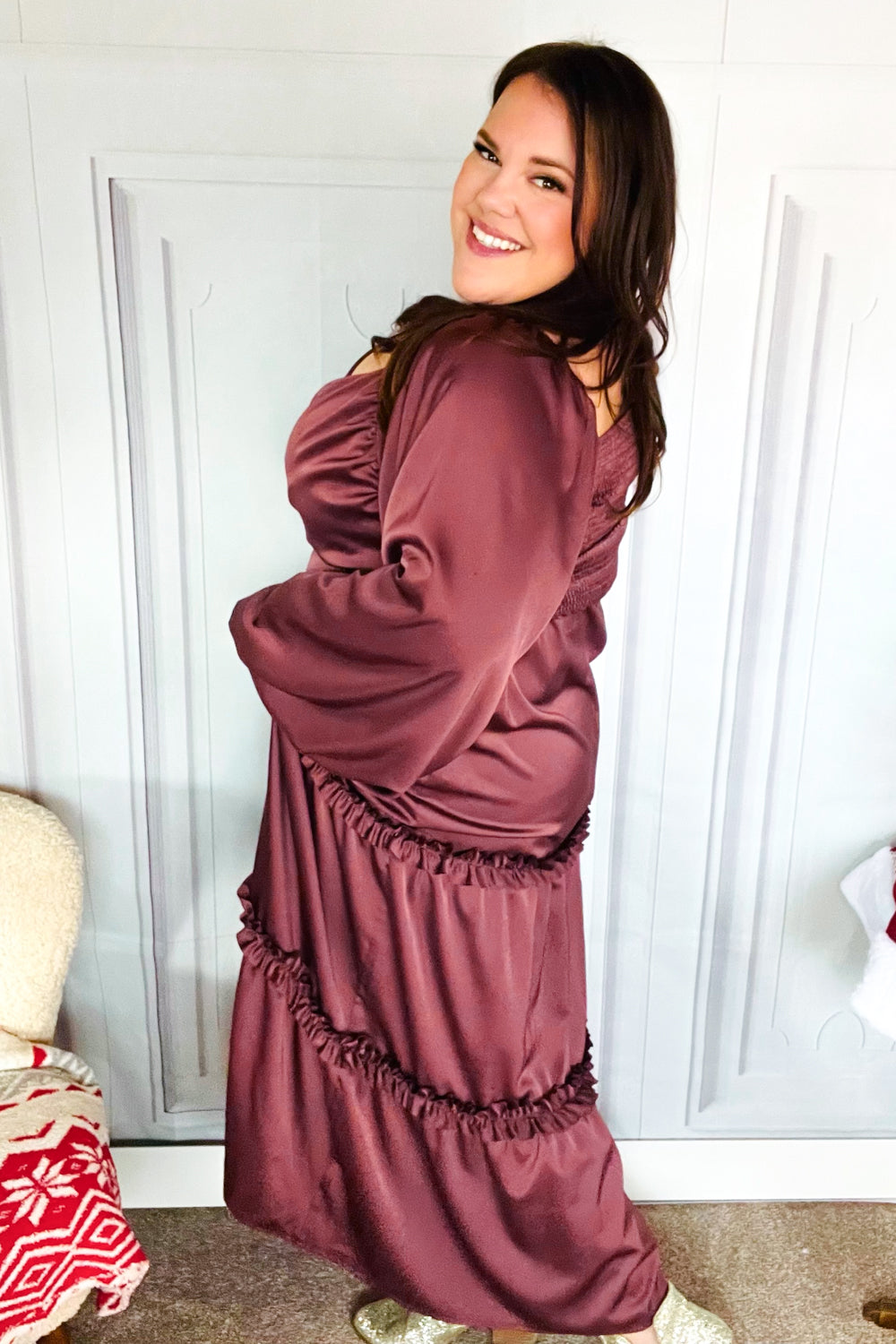 Holiday Vibes Wine Satin Front Overlap Smocked Back Maxi Dress